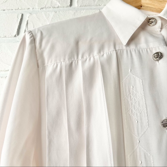 Vintage white button up embroidered long sleeve blouse shoulder pads S - Picture 11 of 16